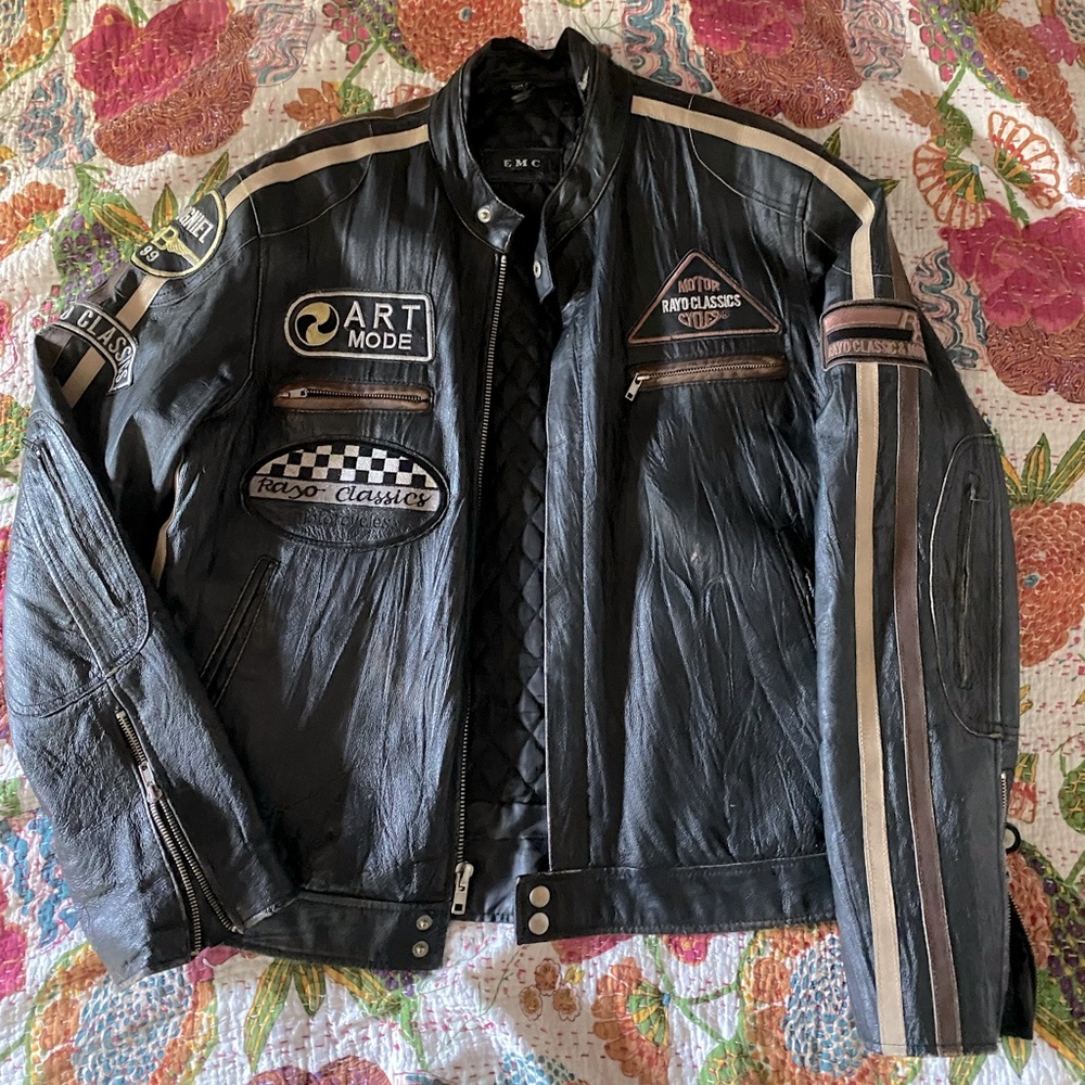 vintage black leather biker jacket with patches